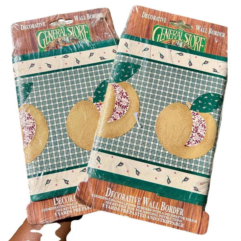 The General Store Wall Border 5 Yds Green‎ Peach Fruit Plaid Vintage New 2pk